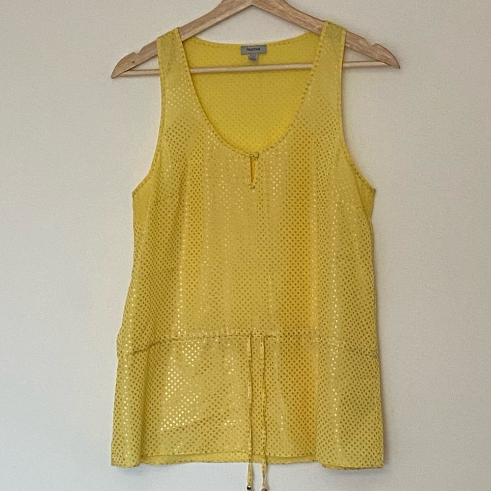 Tristan Women’s Yellow Silver Polka Dot Tank Top, Sleeveless Blouse, Size Medium